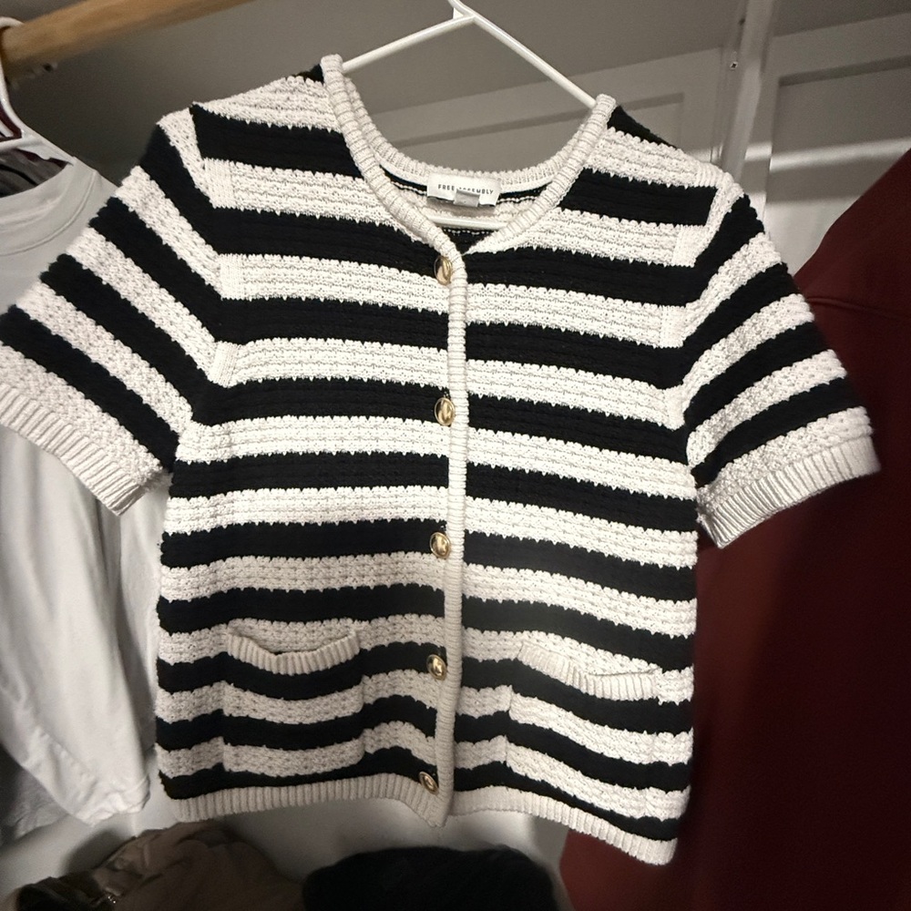Elegant Black and White Striped Women's Cardigan